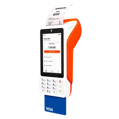 Terminal Clip Ultra blanca y naranja con pantalla, teclado físico, impresora y tarjeta insertada