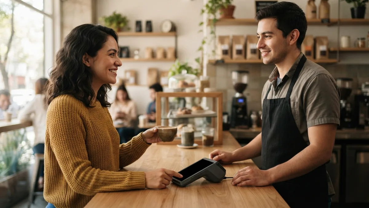 Cliente realizando un pago en un mostrador mientras una persona atiende el cobro con una terminal portátil