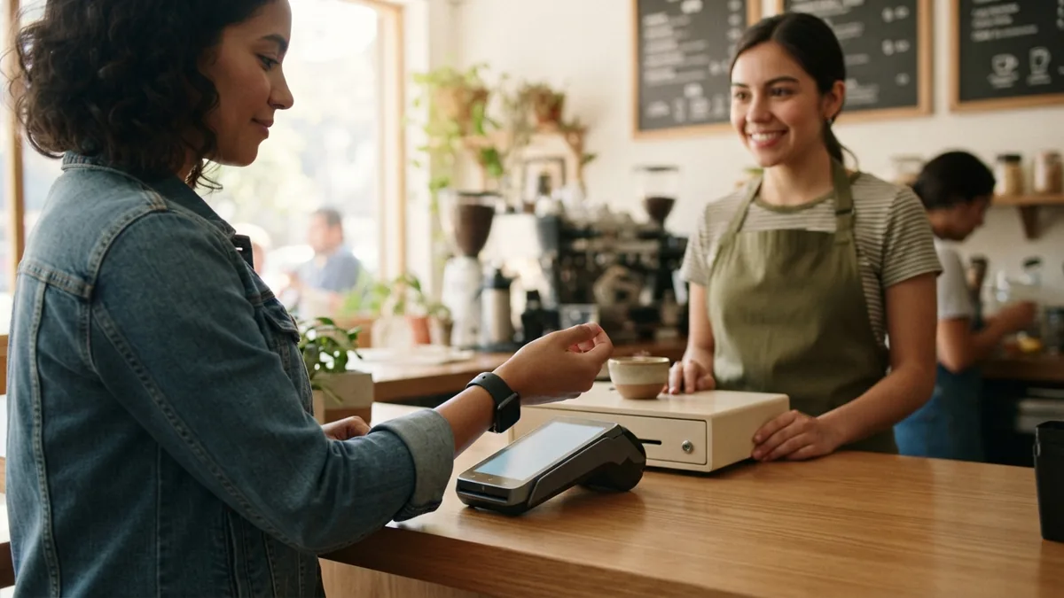 Clienta acercando un reloj inteligente a una terminal de cobro en una cafetería