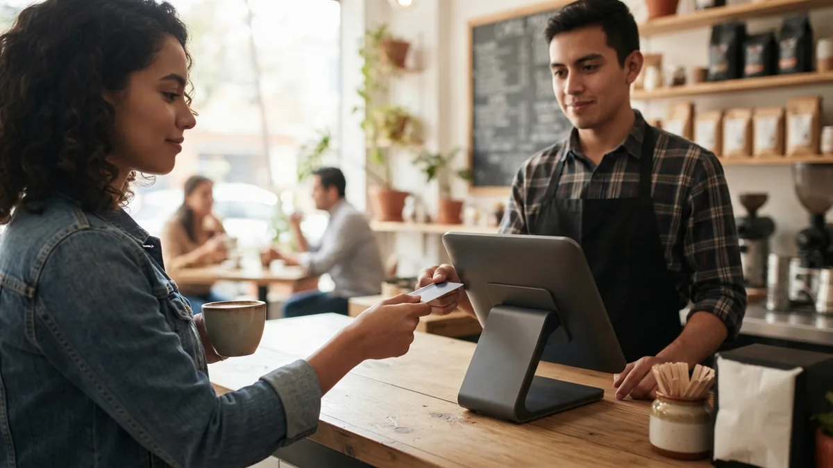 Persona atendiendo un cobro con una terminal moderna sobre el mostrador de un restaurante