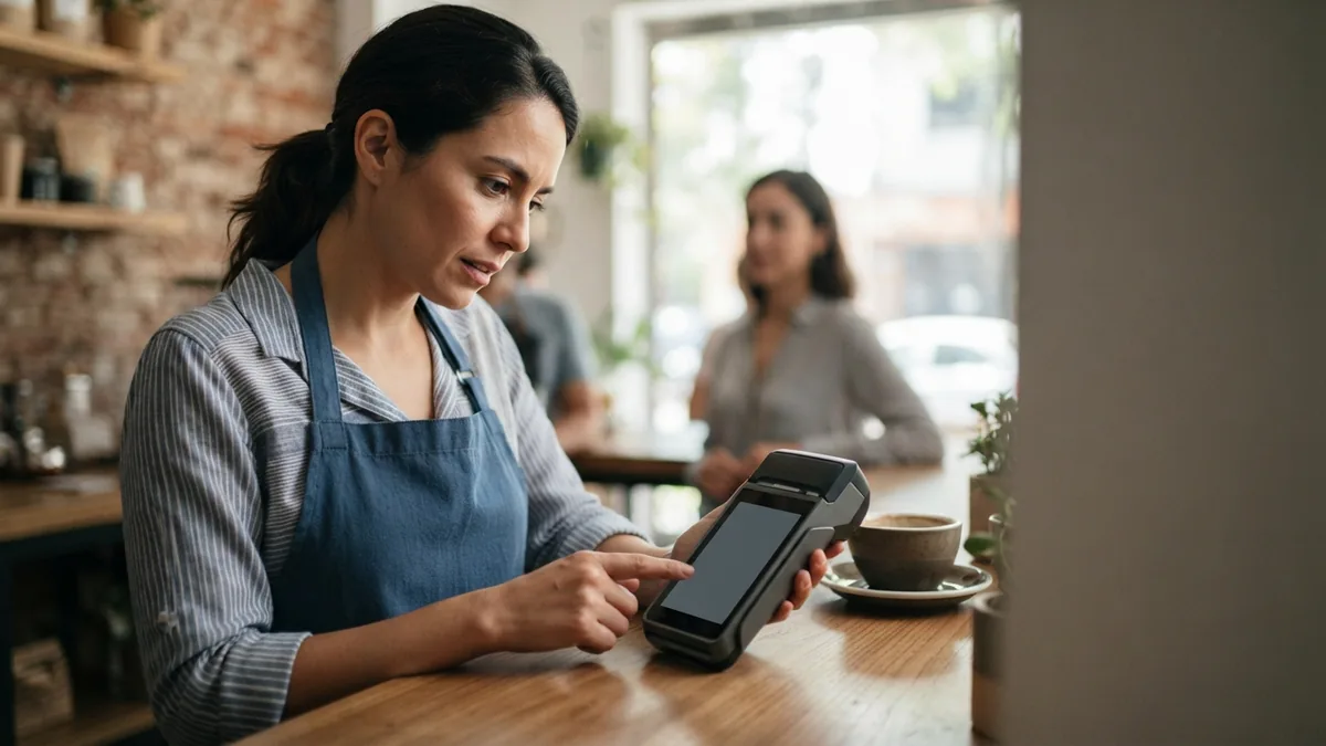 Comerciante revisando una terminal de cobro sin conexión junto a un router en un mostrador