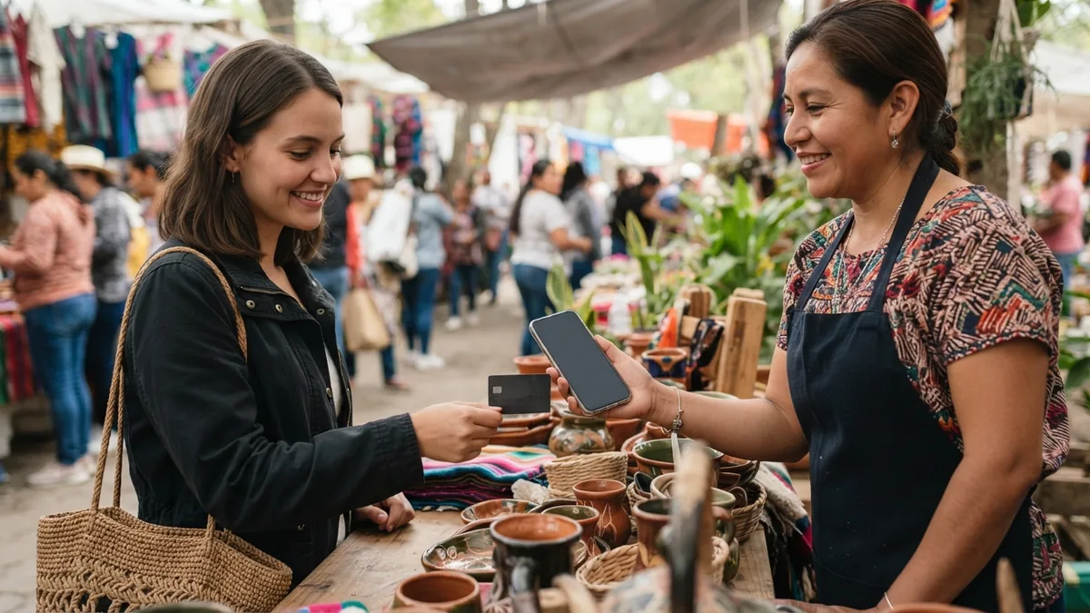 Comerciante cobrando con un celular en un bazar al aire libre