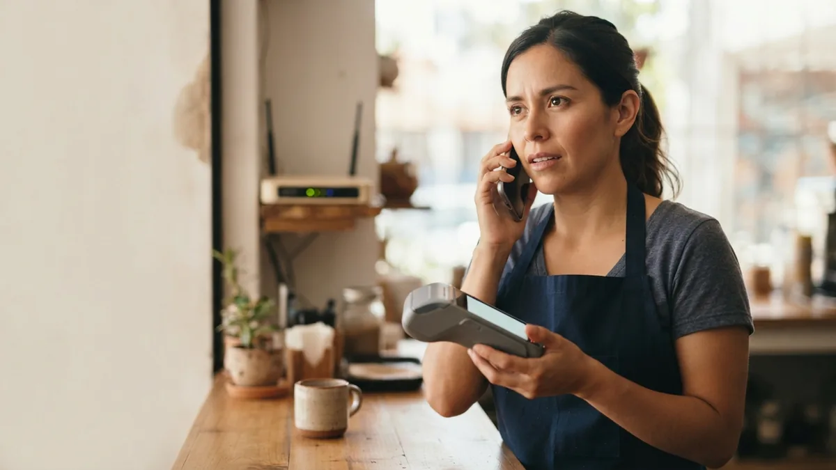 Comerciante sostiene un lector de tarjetas mientras habla por teléfono en el mostrador de su negocio