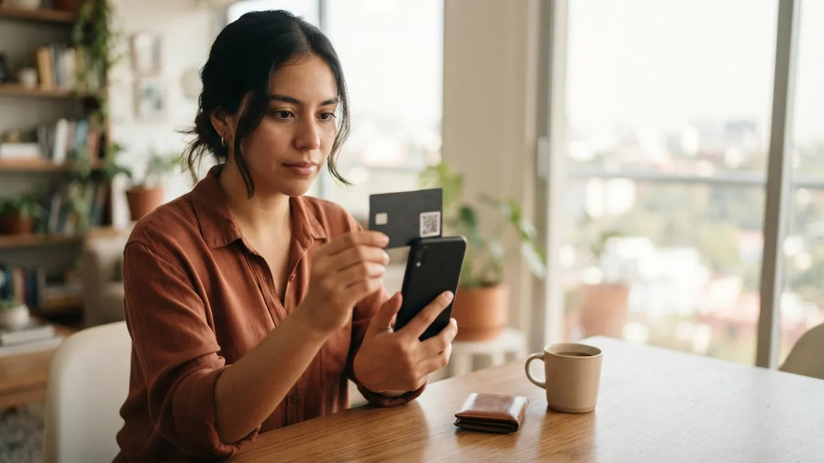 Persona activando una tarjeta de débito desde su teléfono móvil