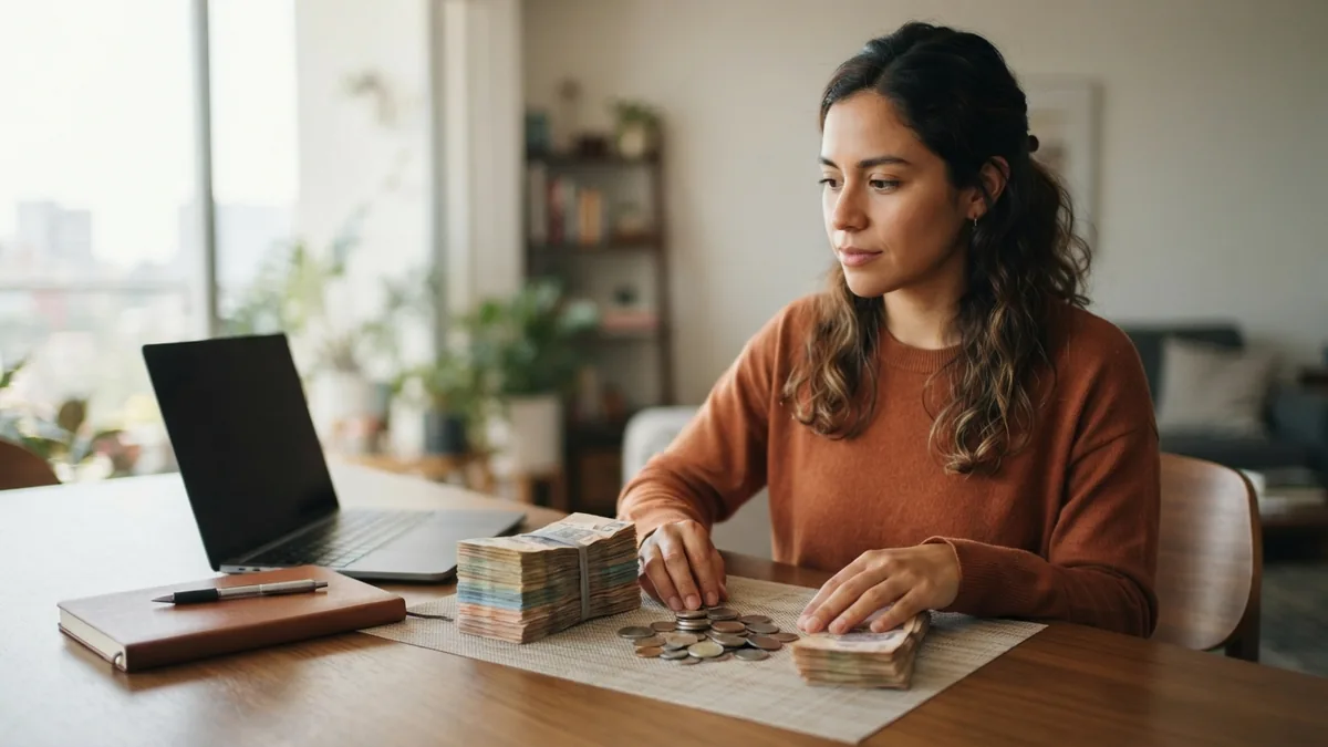 Persona organizando ahorro disponible y ahorro a plazo en una mesa de trabajo