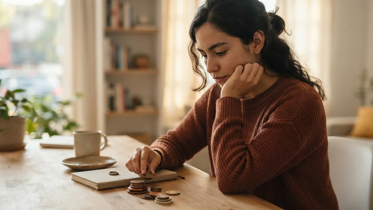 Persona organizando monedas sobre una mesa mientras revisa sus finanzas personales