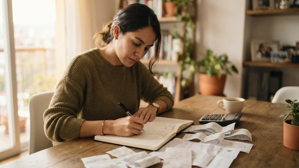Persona organizando pagos y revisando responsablemente el uso de una tarjeta de crédito