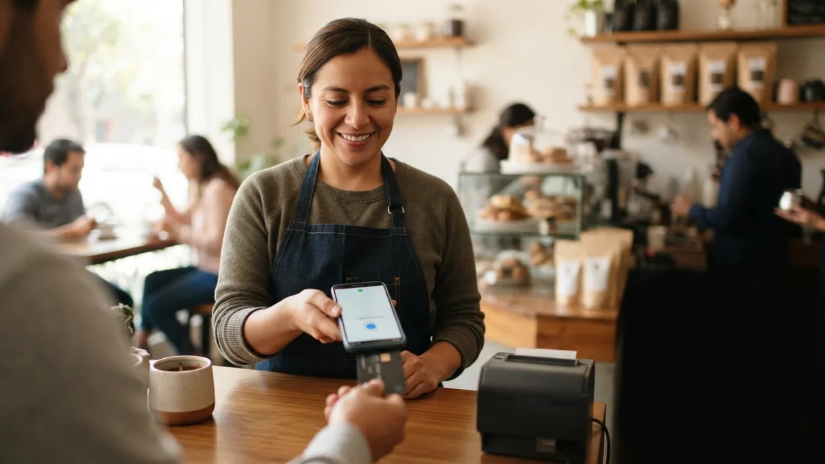 Comerciante usando un teléfono para aceptar un pago sin contacto en un negocio
