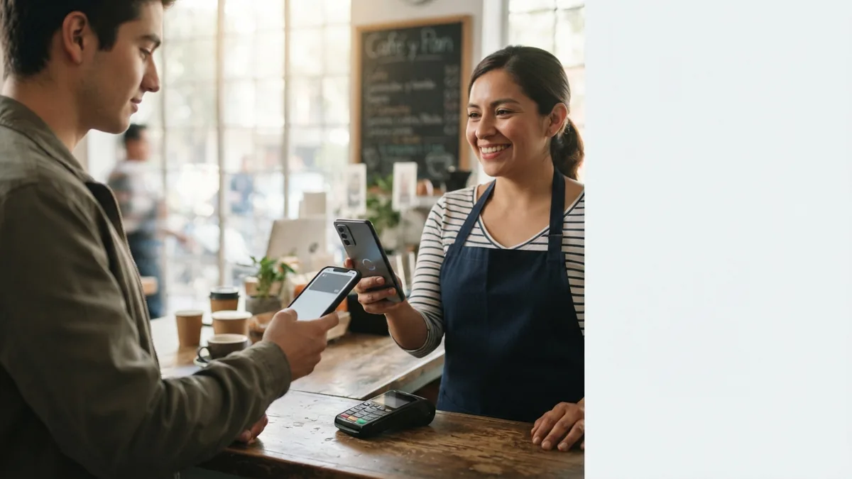 Cliente acercando un teléfono con cartera digital a un celular usado para cobrar con Tap to Pay