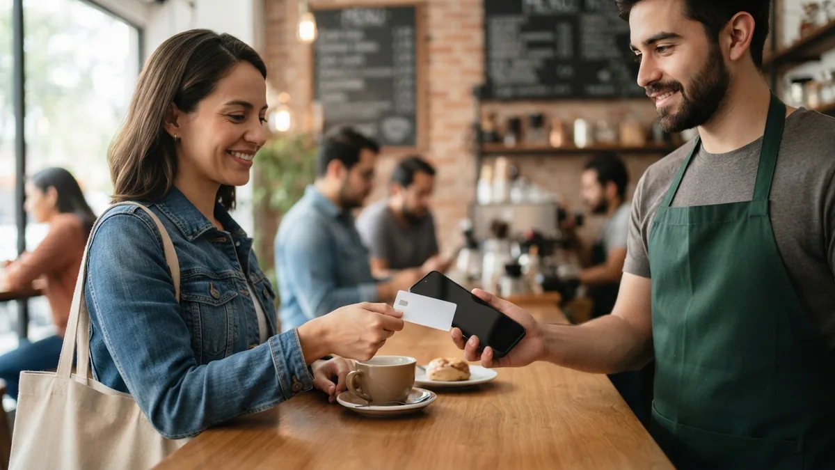 Comerciante realizando un cobro sin contacto con un celular en un mostrador