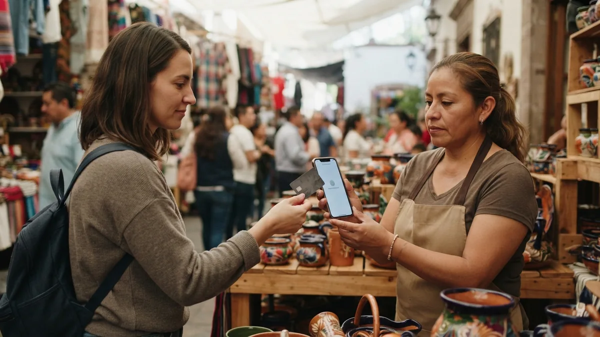 Comerciante cobrando un pago contactless con un iPhone en un negocio