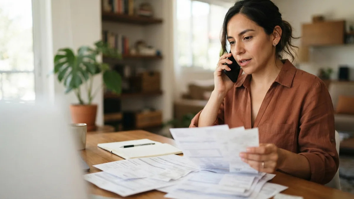 Persona hablando por teléfono mientras revisa documentos para cerrar una línea de crédito