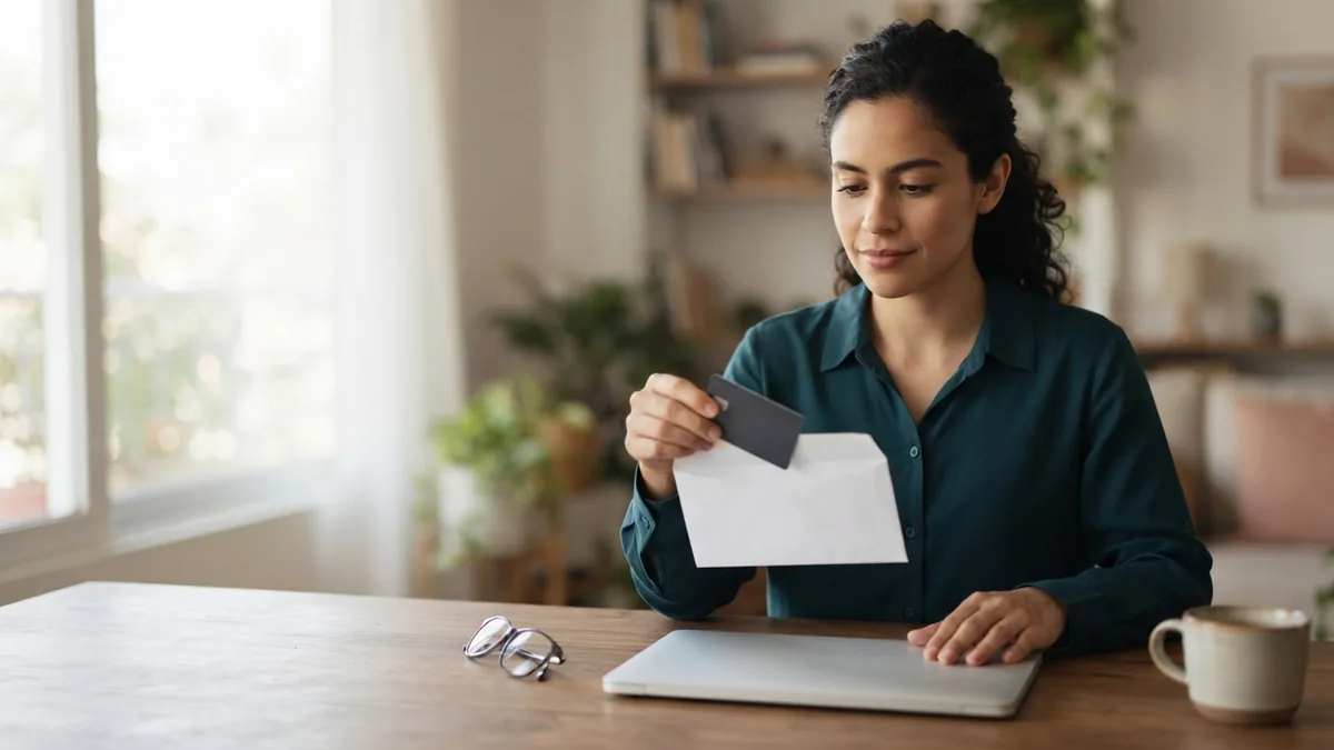 Mujer sosteniendo una tarjeta de crédito sobre un sobre junto a una computadora portátil