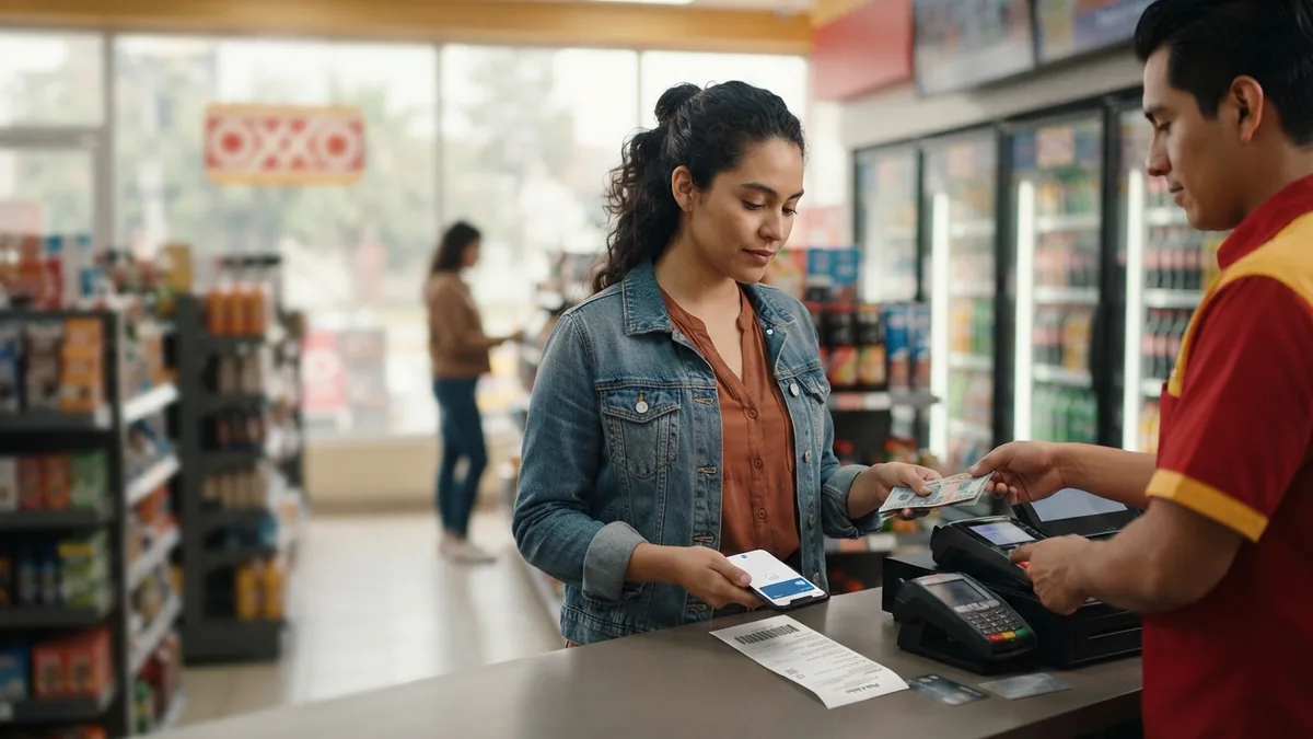 Persona realizando un pago en efectivo en una tienda mientras sostiene su celular junto a un recibo en el mostrador