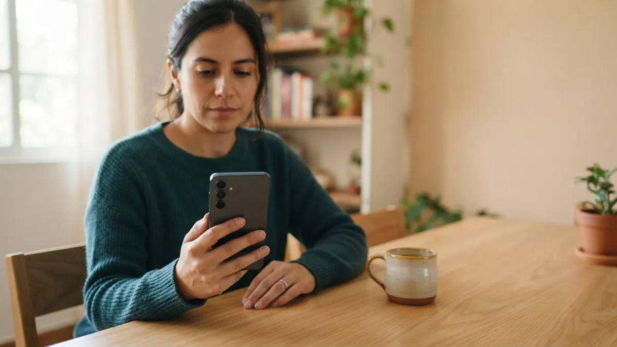Mujer sentada en casa sosteniendo un smartphone genérico mientras organiza un pago digital