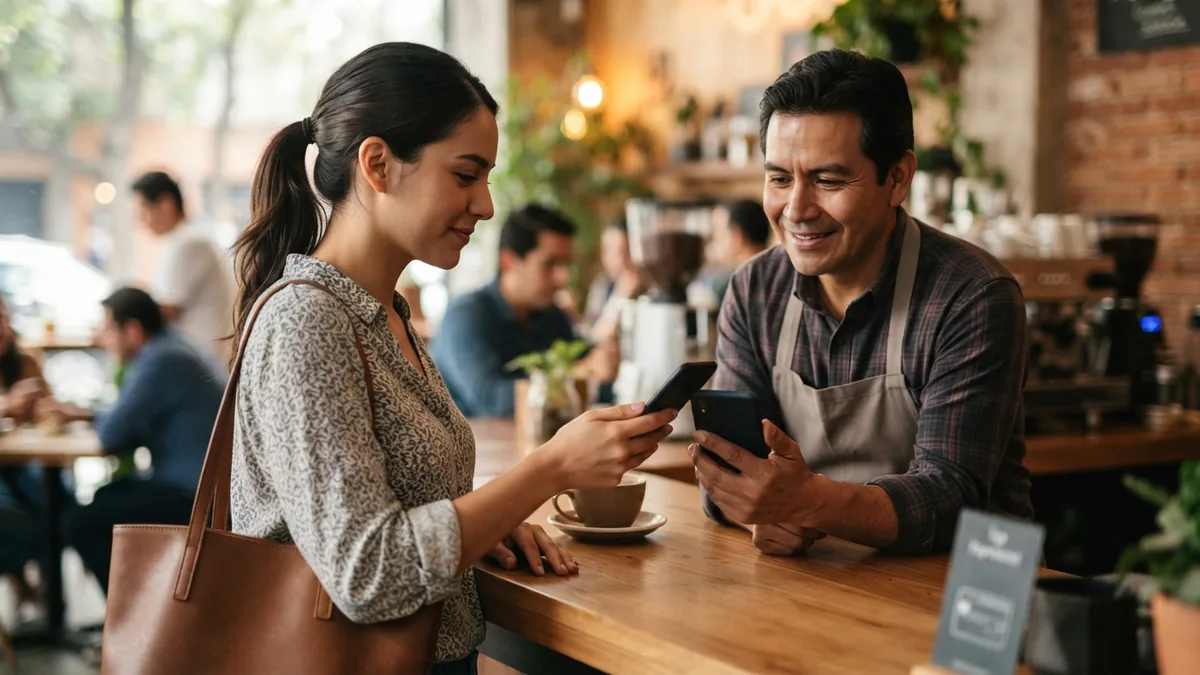 Comerciante enviando un comprobante digital después de un cobro contactless desde su celular