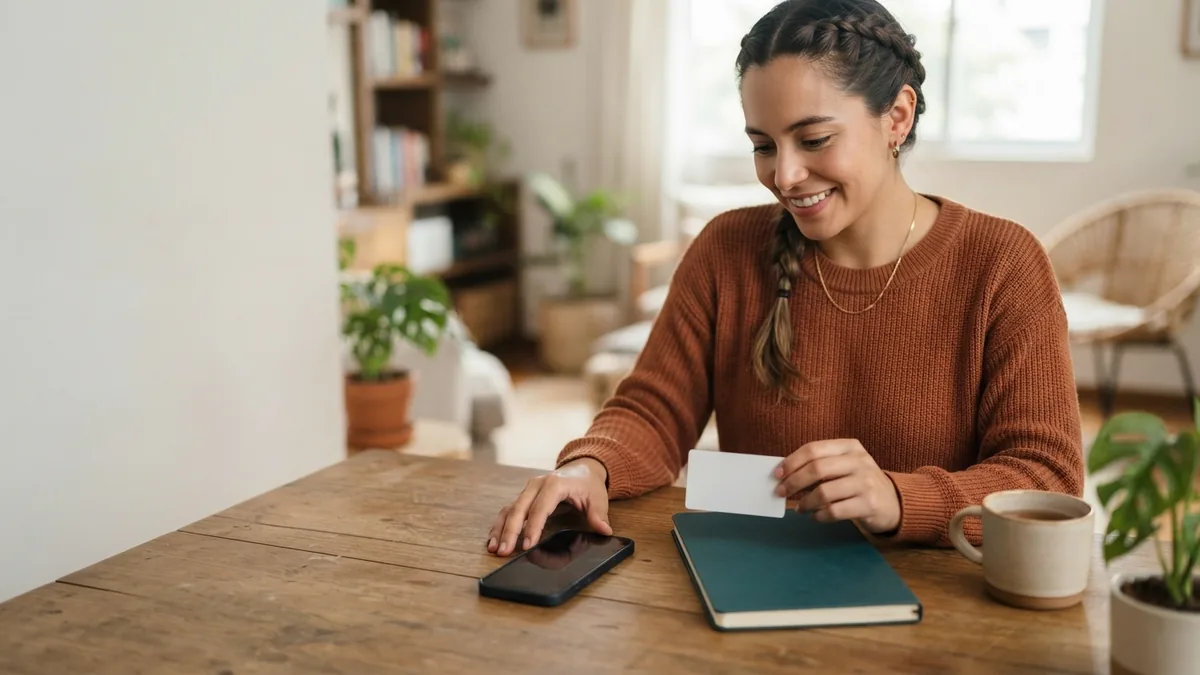 Persona revisando pagos automáticos de servicios desde su celular y una tarjeta