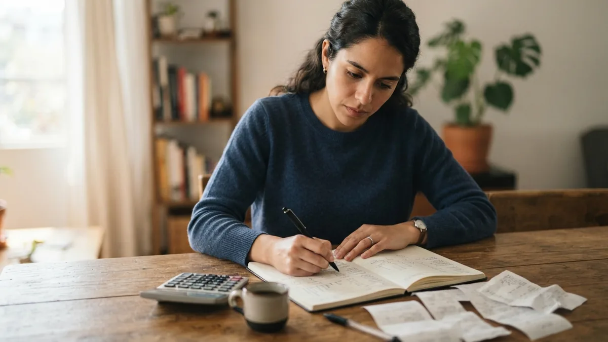 Persona revisando un estado de cuenta y organizando pagos mensuales en una mesa de trabajo
