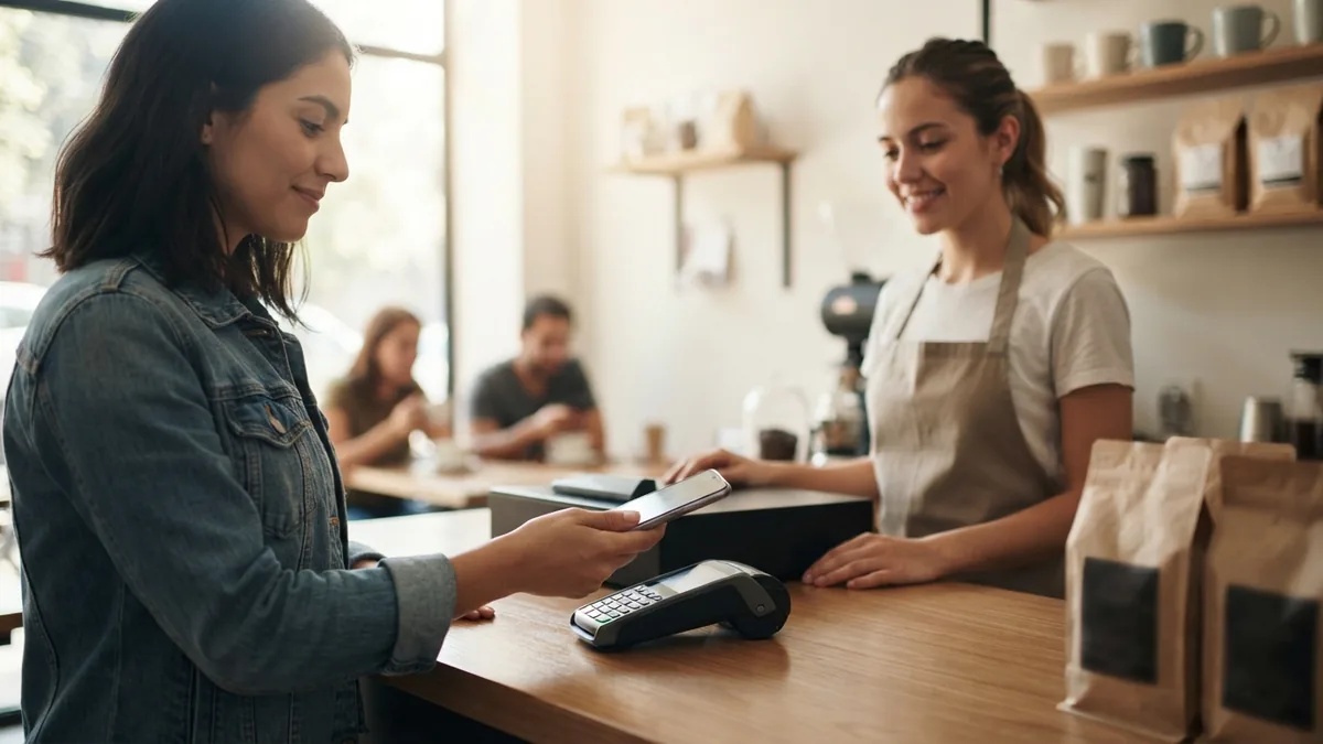 Comerciante revisando un cobro contactless desde un celular en un negocio