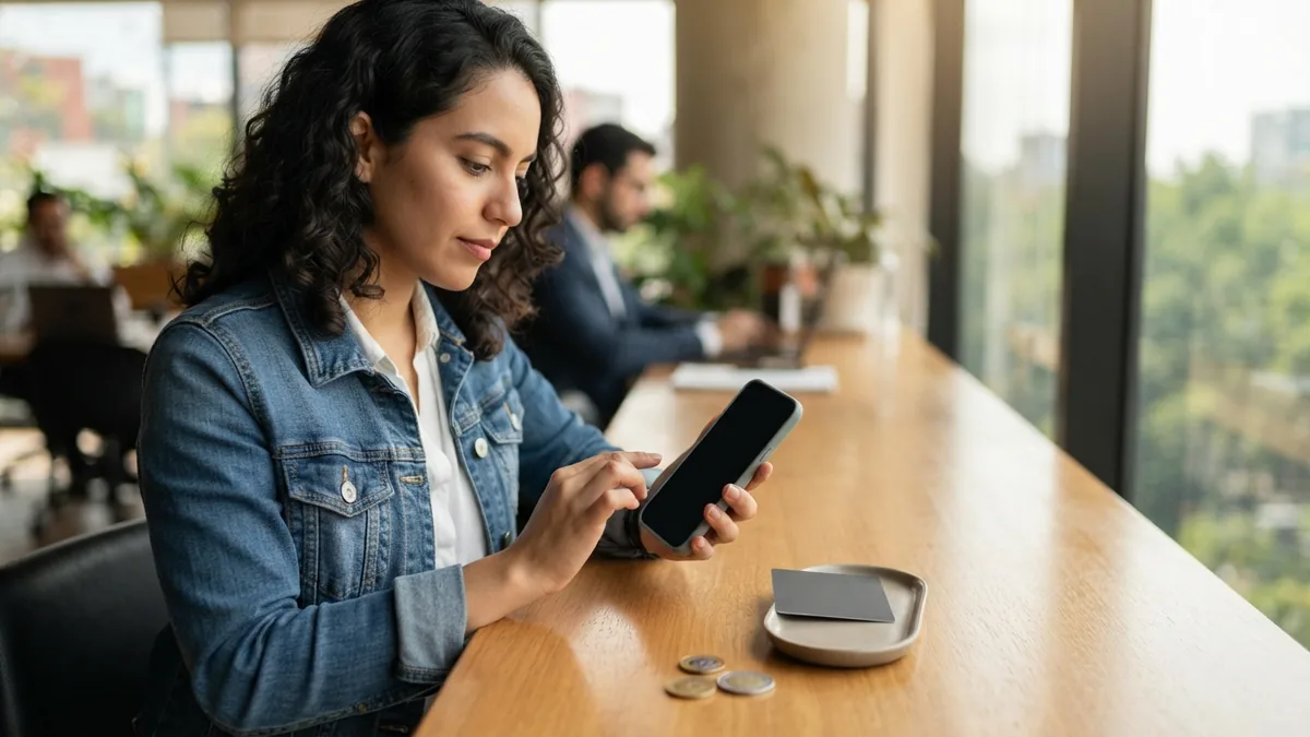 Mujer consultando su celular junto a monedas y una tarjeta sobre una mesa