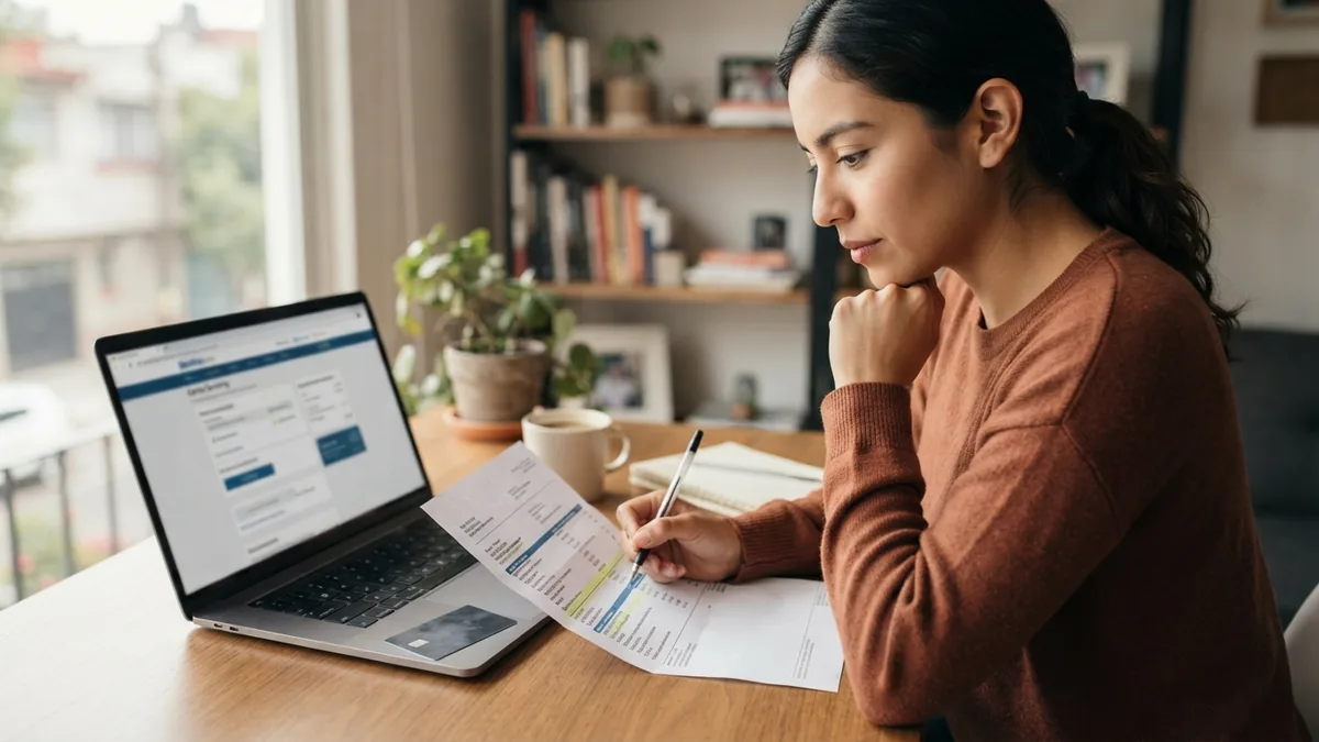 Persona revisando un estado de cuenta en papel junto a una laptop en una mesa de trabajo