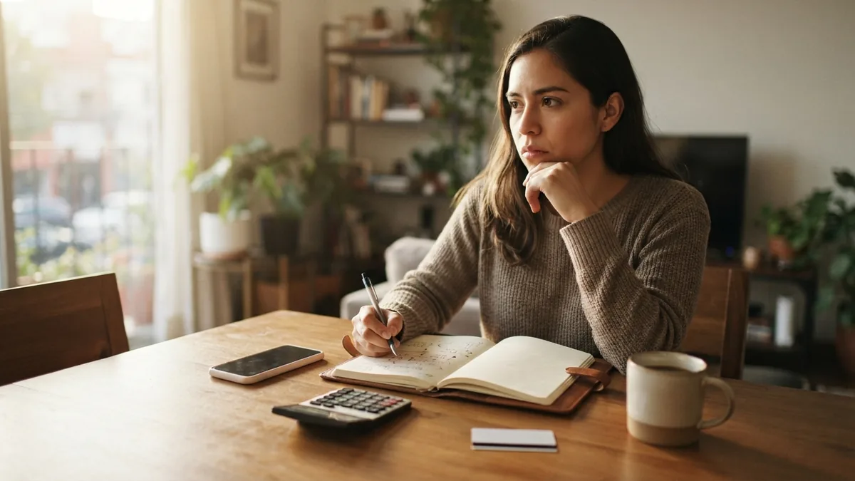 Mujer haciendo cálculos de presupuesto en una libreta junto a un teléfono y una calculadora