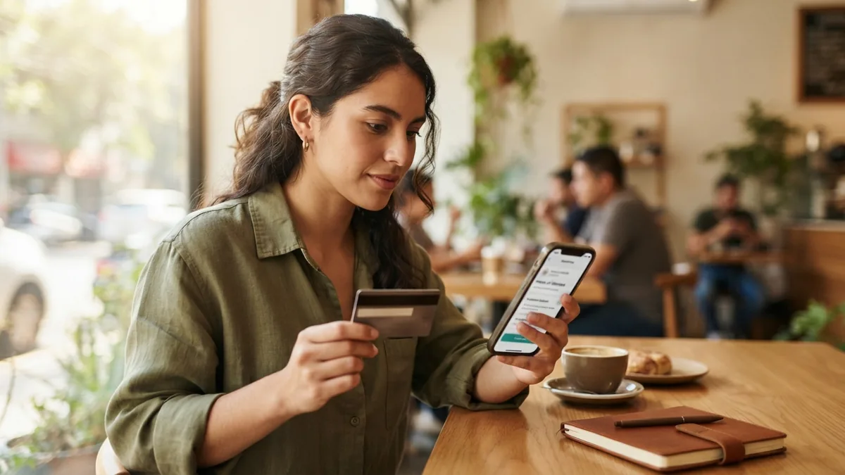 Persona revisando opciones de pago a meses en un teléfono junto a una compra sobre una mesa