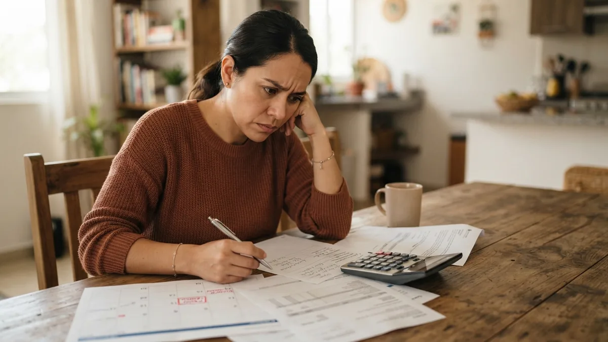 Persona revisando un estado de cuenta y una fecha de pago vencida en un escritorio