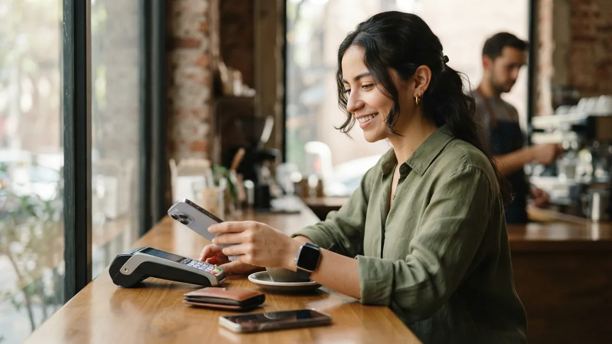Mujer acercando un teléfono a una terminal de pago sin contacto en una cafetería