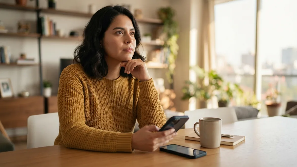 Persona revisando una oferta de préstamo personal desde su teléfono en un entorno financiero cotidiano