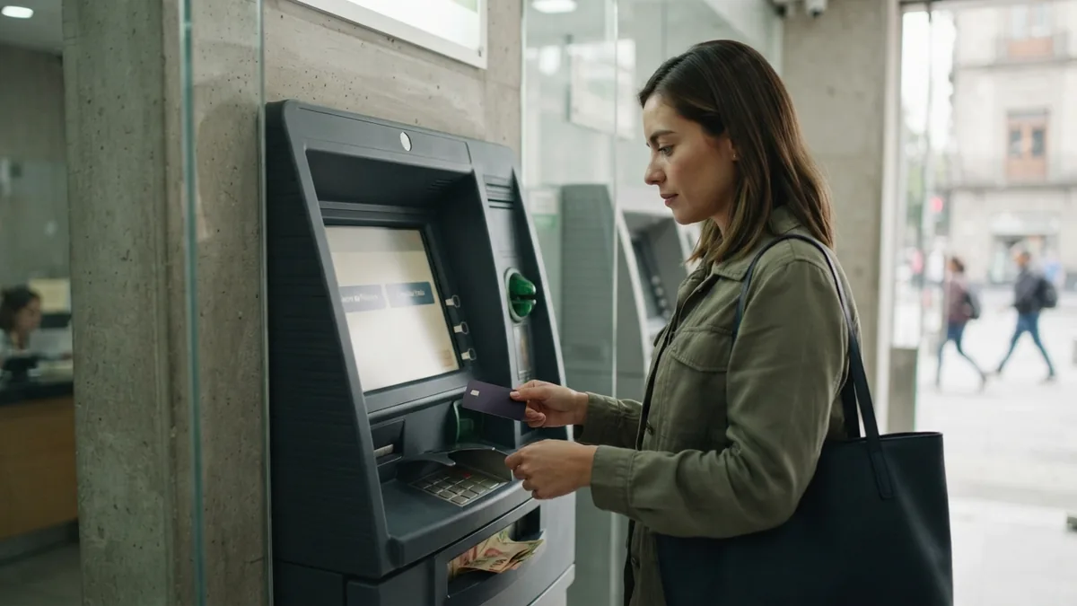 Persona retirando efectivo en un cajero automático con una tarjeta bancaria en la mano