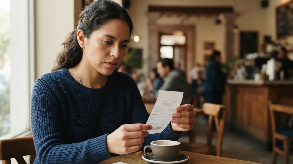 Persona revisando movimientos de una tarjeta en su teléfono junto a recibos sobre una mesa