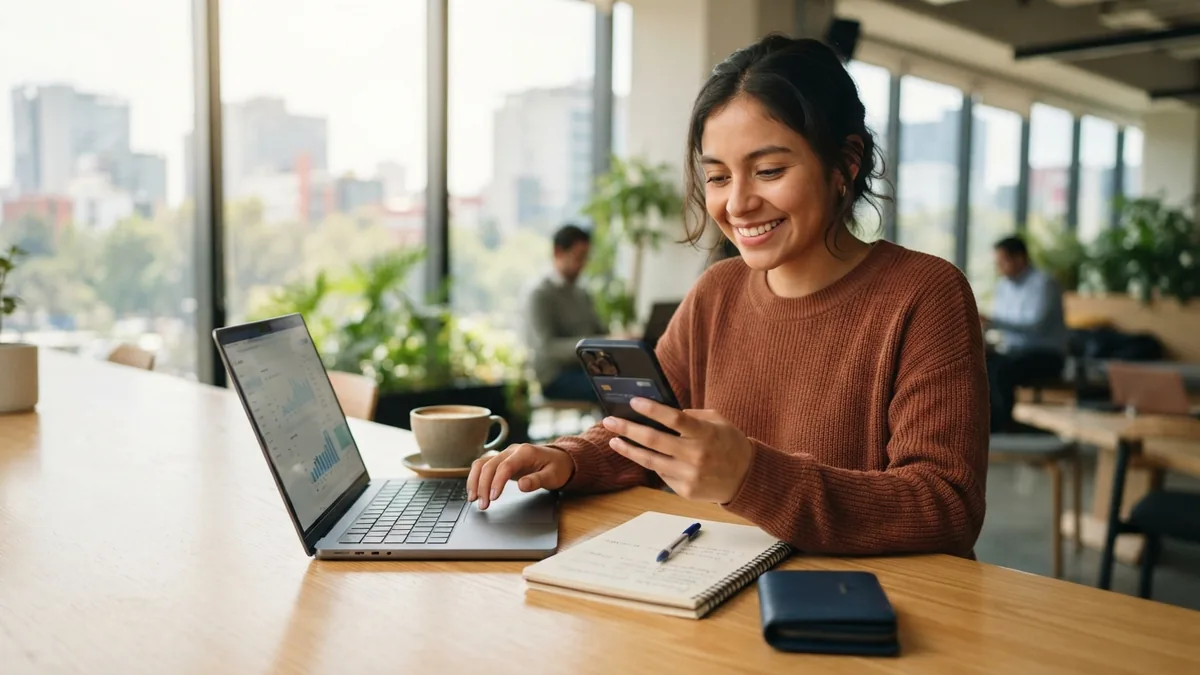 Mujer consultando su teléfono junto a una laptop en un espacio de trabajo iluminado