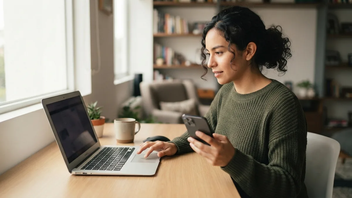 Persona realizando una compra en línea con teléfono y laptop sin mostrar datos bancarios