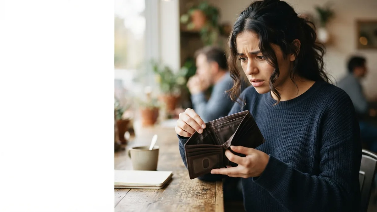 Mujer preocupada revisando una cartera vacía después de perder su tarjeta