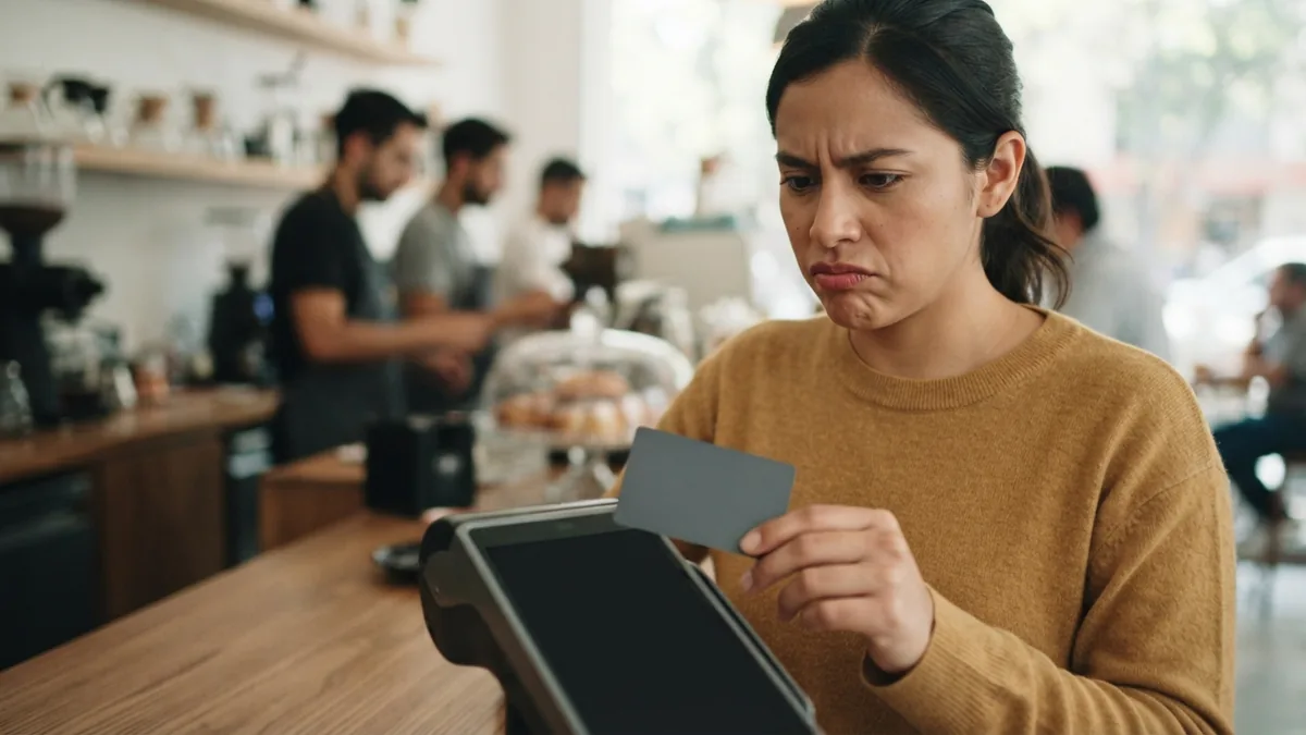 Persona preocupada sosteniendo una tarjeta junto a una terminal de pago en una cafetería