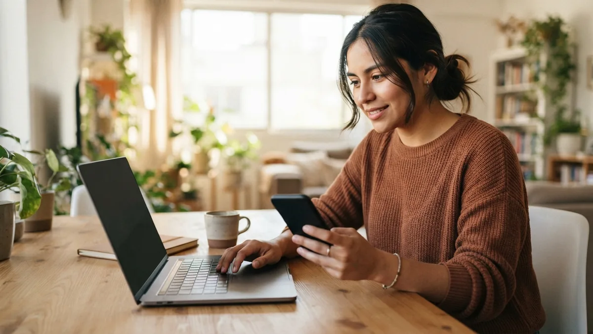 Persona realizando una compra en línea con su celular y una laptop
