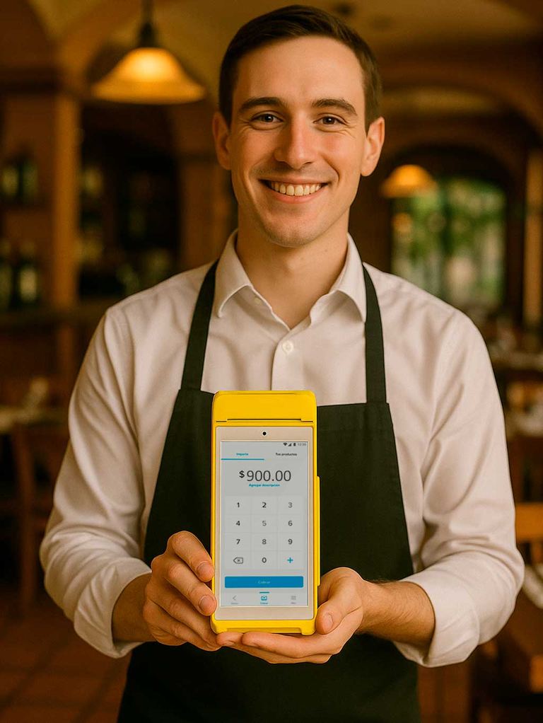 Mesero de restaurante sonriendo y mostrando una terminal Point Smart 2 amarilla