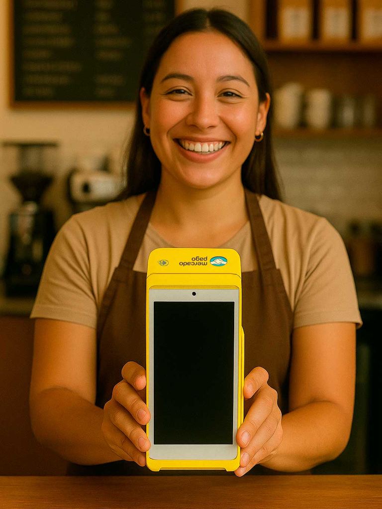 Dueña de cafetería sonriendo y mostrando una terminal Point Smart 2 amarilla