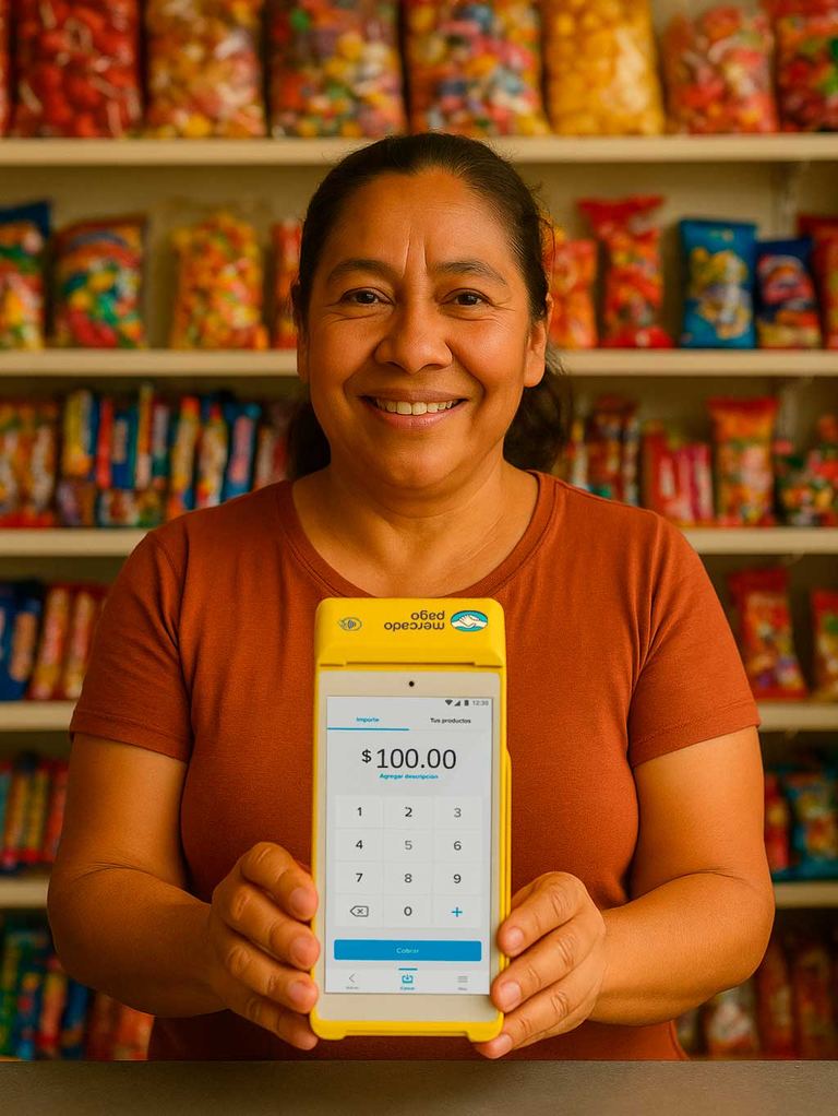 Comerciante de dulcería sonriendo y mostrando una terminal Point Smart 2 amarilla