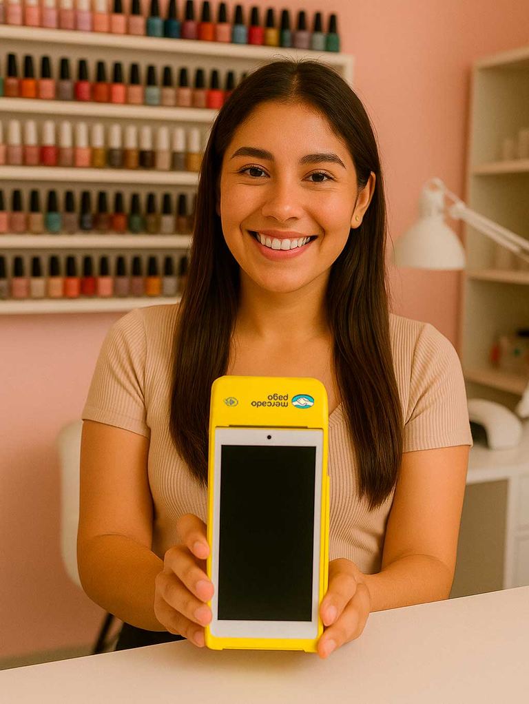 Dueña de salón de uñas sonriendo y mostrando una terminal Point Smart 2 amarilla