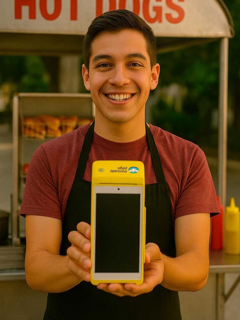 Vendedor de hot dogs sonriendo y mostrando una terminal Point Smart 2 amarilla