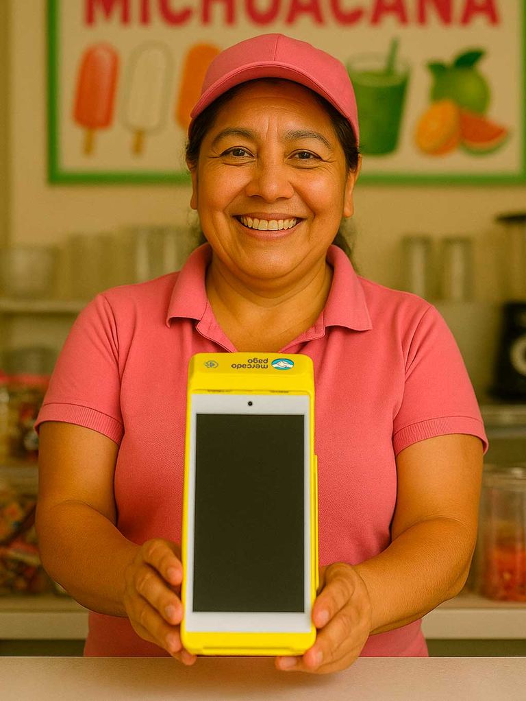 Dueña de paletería sonriendo y mostrando una terminal Point Smart 2 amarilla