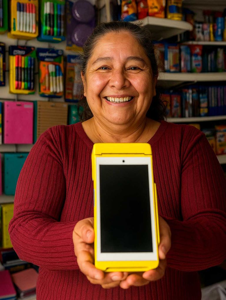 Dueña de papelería sonriendo y mostrando una terminal Point Smart 2 amarilla