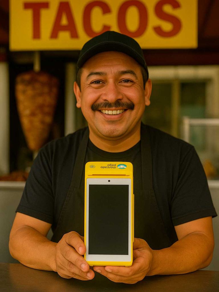 Taquero sonriendo y mostrando una terminal Point Smart 2 amarilla